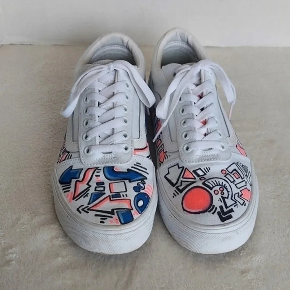 Handcrafted Colorful‎ Doodles and Directions White Van's on white background